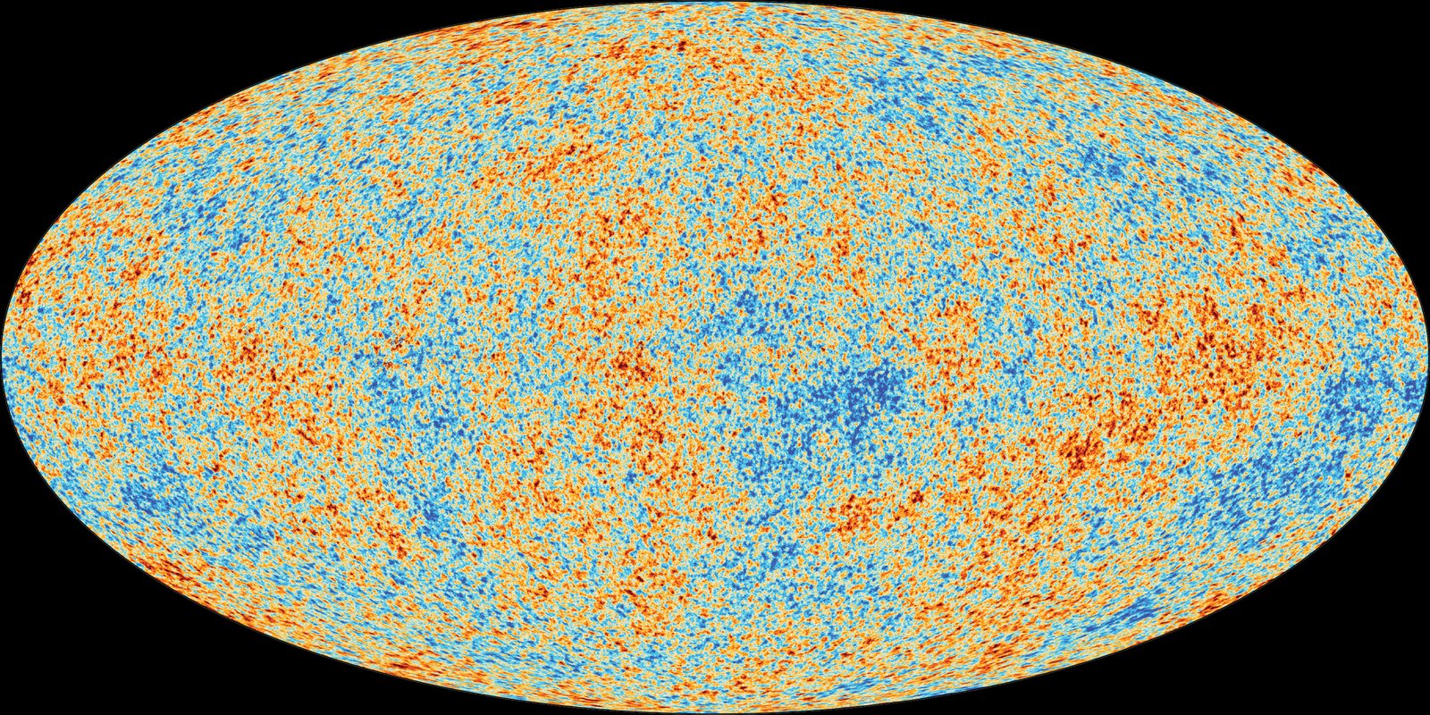 Planck 2018 all-sky map of the cosmic microwave background: an oval sky with mottled blue and orange temperature fluctuations